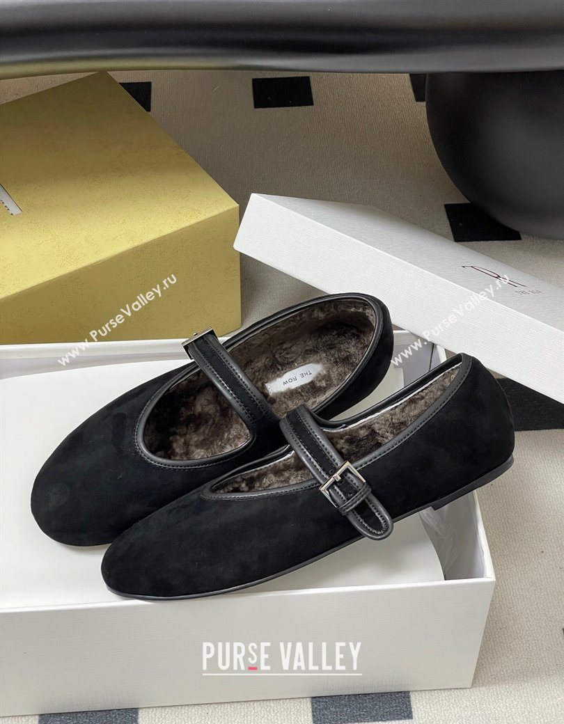 The Row Suede and Rabbit Fur Mary Janes Ballet Flats Black 2025 TR120806 (MD-251208088)