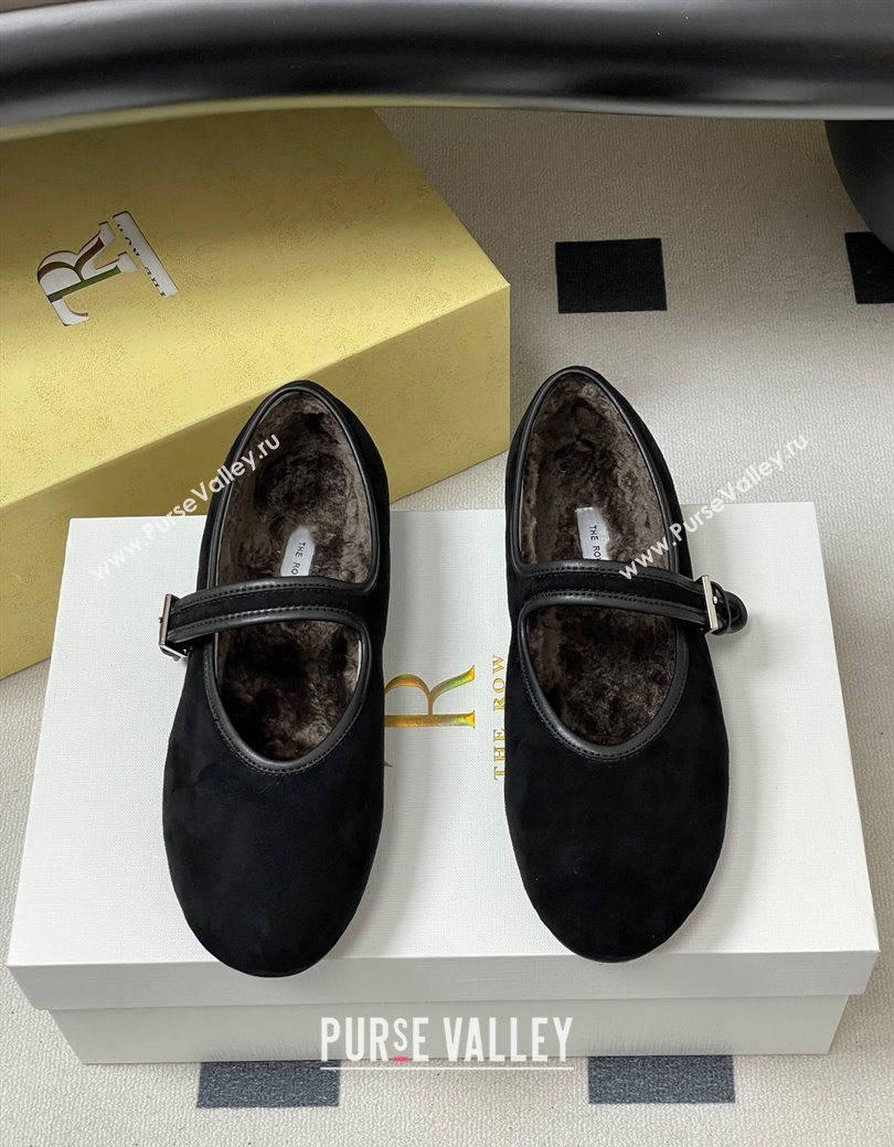 The Row Suede and Rabbit Fur Mary Janes Ballet Flats Black 2025 TR120806 (MD-251208088)