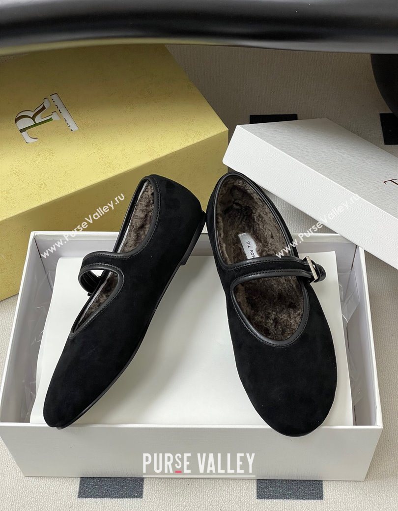 The Row Suede and Rabbit Fur Mary Janes Ballet Flats Black 2025 TR120806 (MD-251208088)