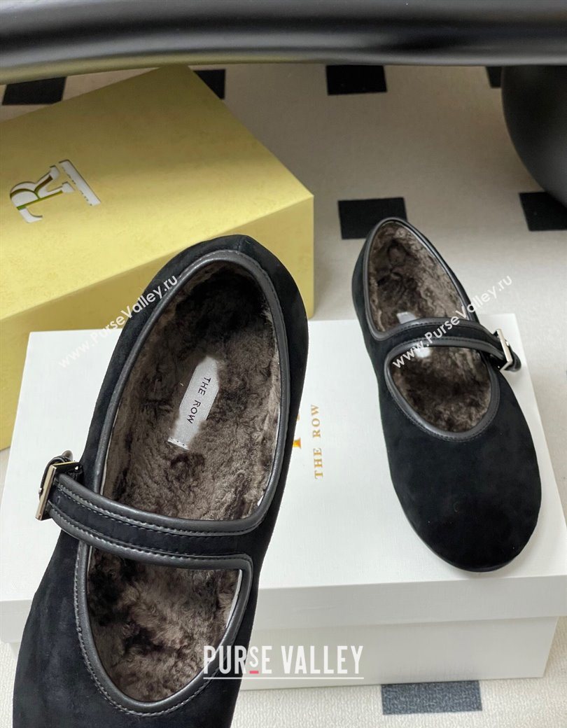 The Row Suede and Rabbit Fur Mary Janes Ballet Flats Black 2025 TR120806 (MD-251208088)