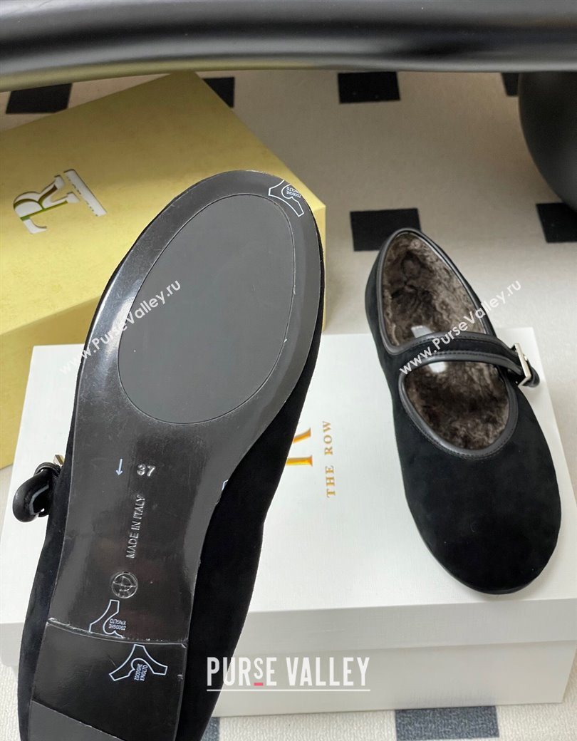 The Row Suede and Rabbit Fur Mary Janes Ballet Flats Black 2025 TR120806 (MD-251208088)