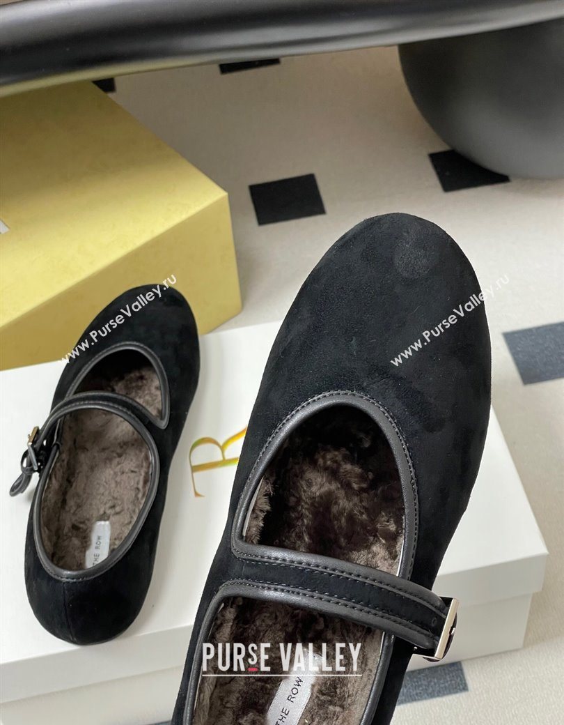 The Row Suede and Rabbit Fur Mary Janes Ballet Flats Black 2025 TR120806 (MD-251208088)