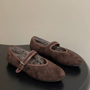 The Row Suede and Rabbit Fur Mary Janes Ballet Flats Brown 2025 TR120806 (MD-251208090)