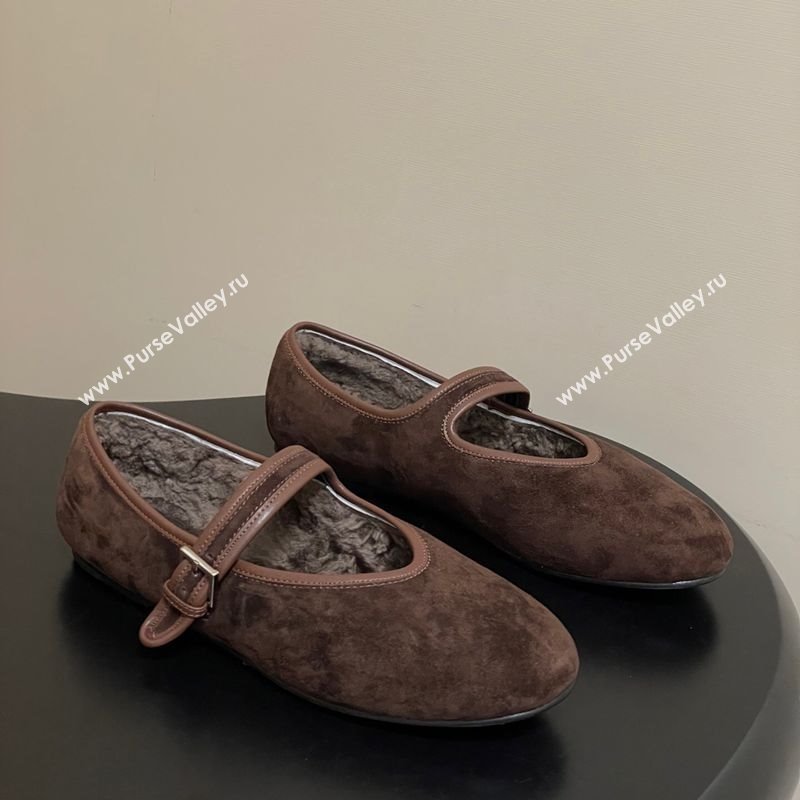 The Row Suede and Rabbit Fur Mary Janes Ballet Flats Brown 2025 TR120806 (MD-251208090)