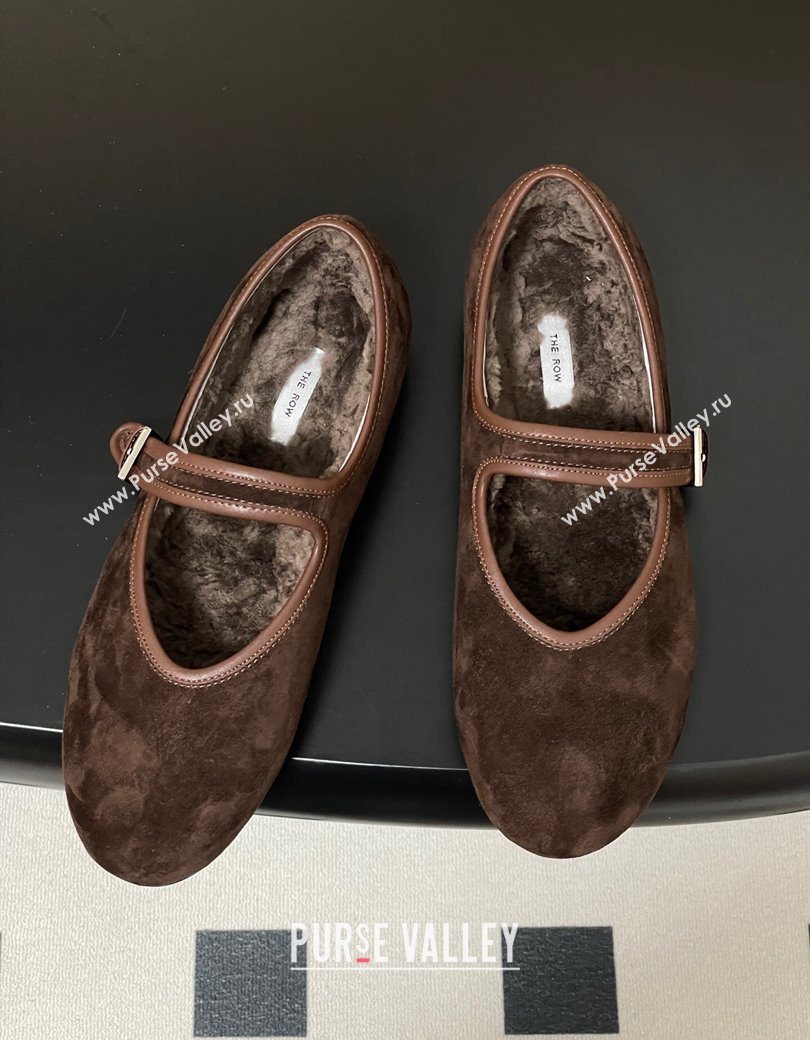 The Row Suede and Rabbit Fur Mary Janes Ballet Flats Brown 2025 TR120806 (MD-251208090)
