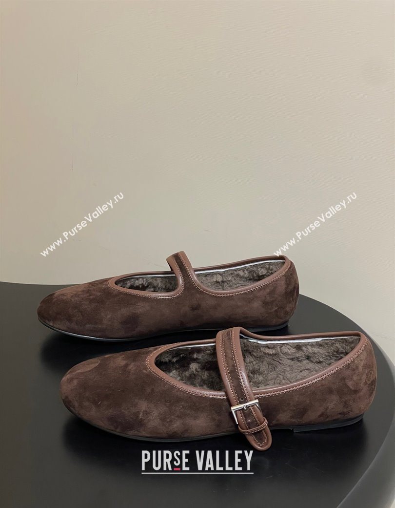 The Row Suede and Rabbit Fur Mary Janes Ballet Flats Brown 2025 TR120806 (MD-251208090)