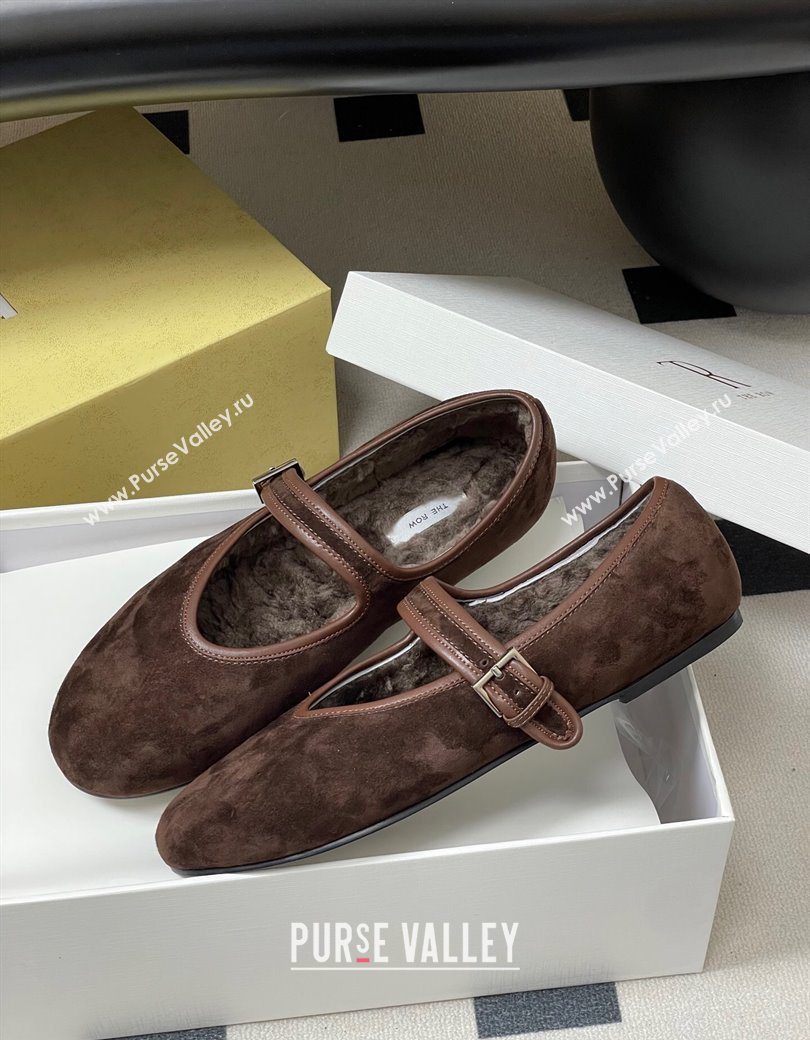 The Row Suede and Rabbit Fur Mary Janes Ballet Flats Brown 2025 TR120806 (MD-251208090)