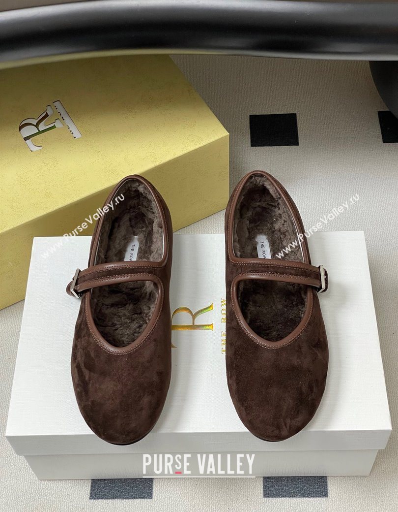 The Row Suede and Rabbit Fur Mary Janes Ballet Flats Brown 2025 TR120806 (MD-251208090)