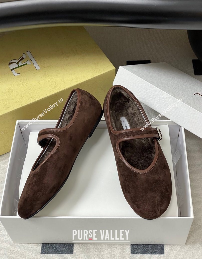 The Row Suede and Rabbit Fur Mary Janes Ballet Flats Brown 2025 TR120806 (MD-251208090)