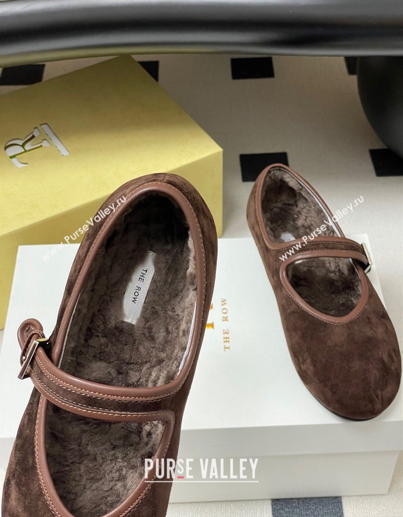 The Row Suede and Rabbit Fur Mary Janes Ballet Flats Brown 2025 TR120806 (MD-251208090)
