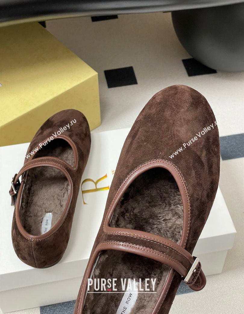 The Row Suede and Rabbit Fur Mary Janes Ballet Flats Brown 2025 TR120806 (MD-251208090)