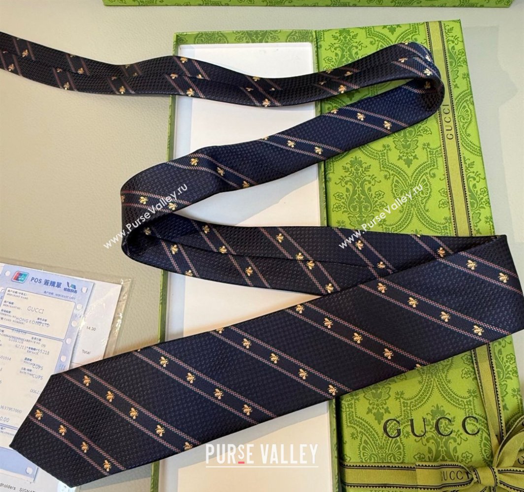 Gucci Bees Web Silk Tie Dark Blue 2025 0314 (XMN-250314064)