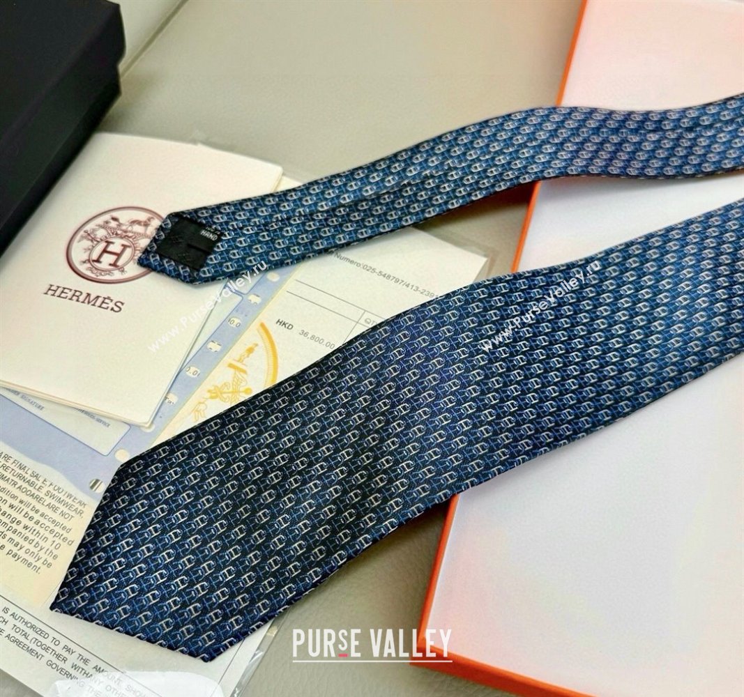 Hermes 7 H au Maillon Silk Tie Blue 2025 H051304 (XMN-250513015)