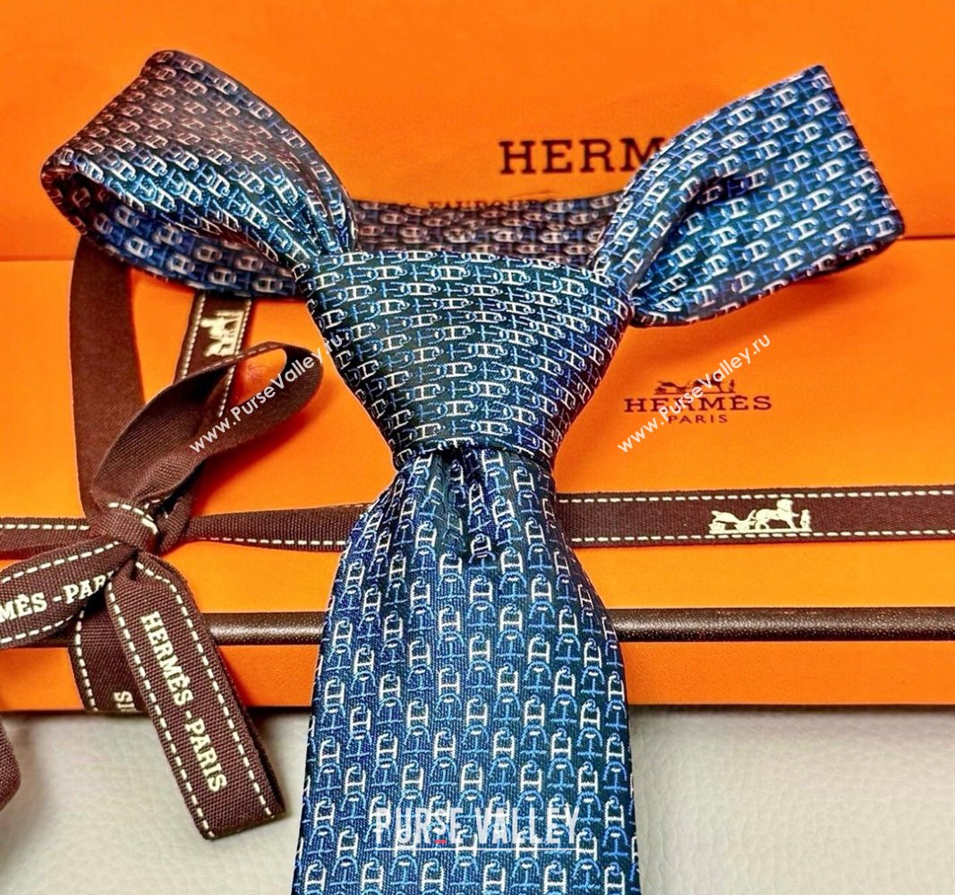 Hermes 7 H au Maillon Silk Tie Blue 2025 H051304 (XMN-250513015)