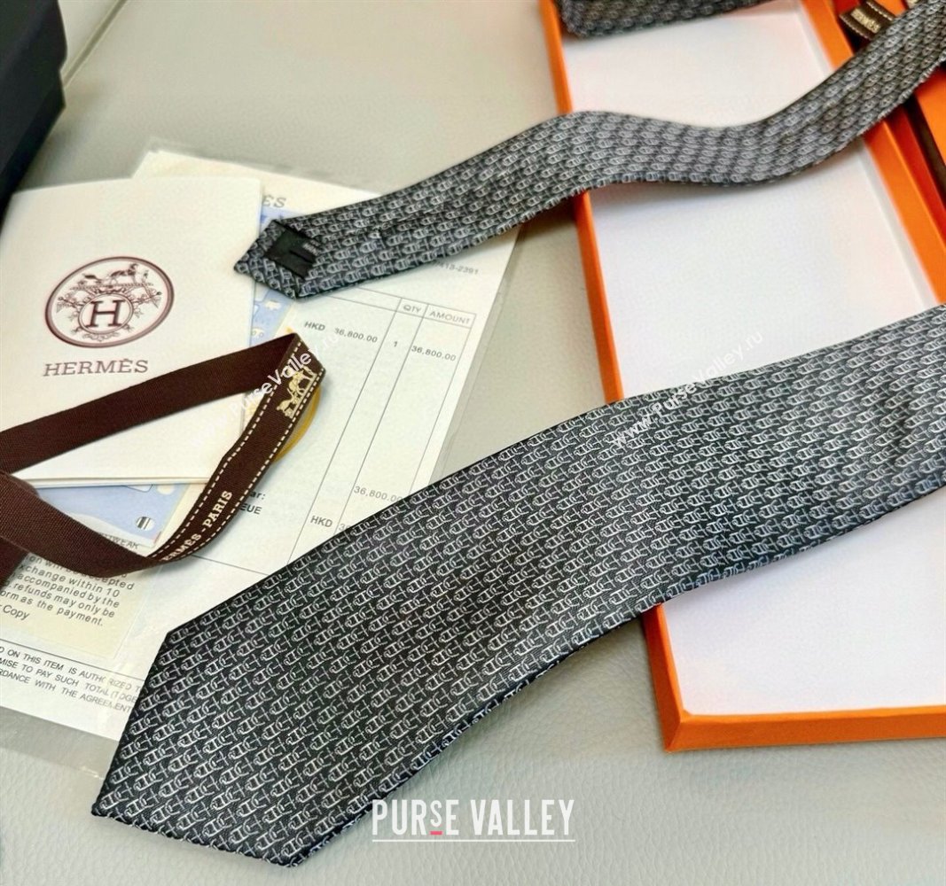 Hermes 7 H au Maillon Silk Tie Grey 2025 H051304 (XMN-250513018)