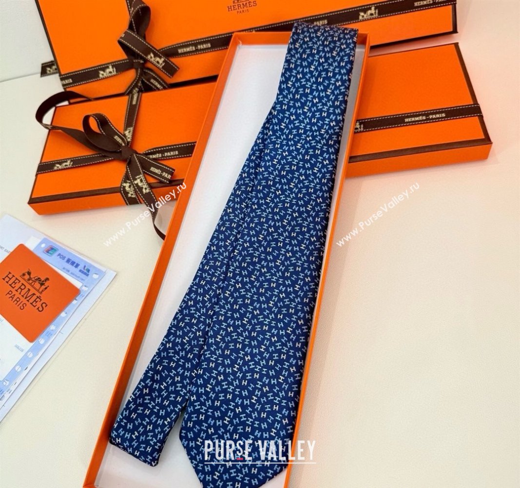 Hermes 7 H au Maillon Silk Tie Navy Blue 2025 H051305 (XMN-250513019)