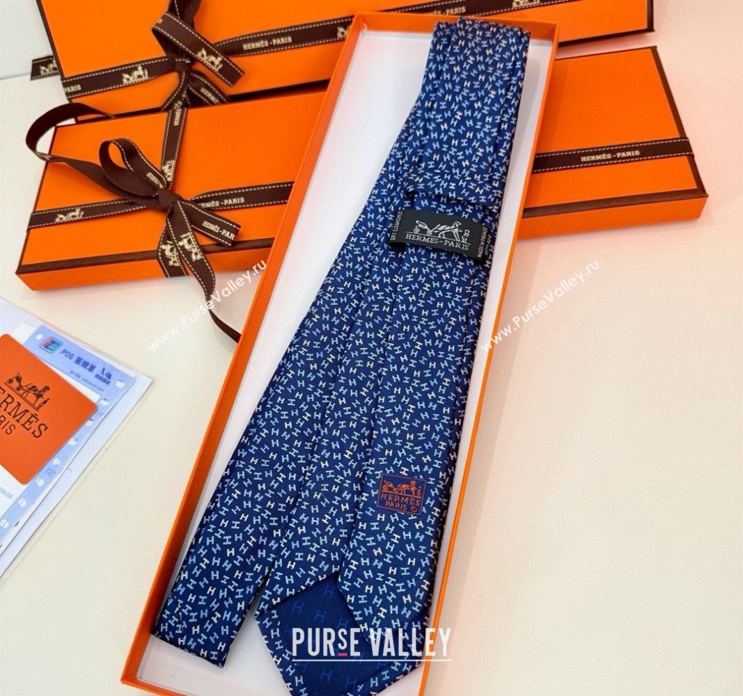 Hermes 7 H au Maillon Silk Tie Navy Blue 2025 H051305 (XMN-250513019)