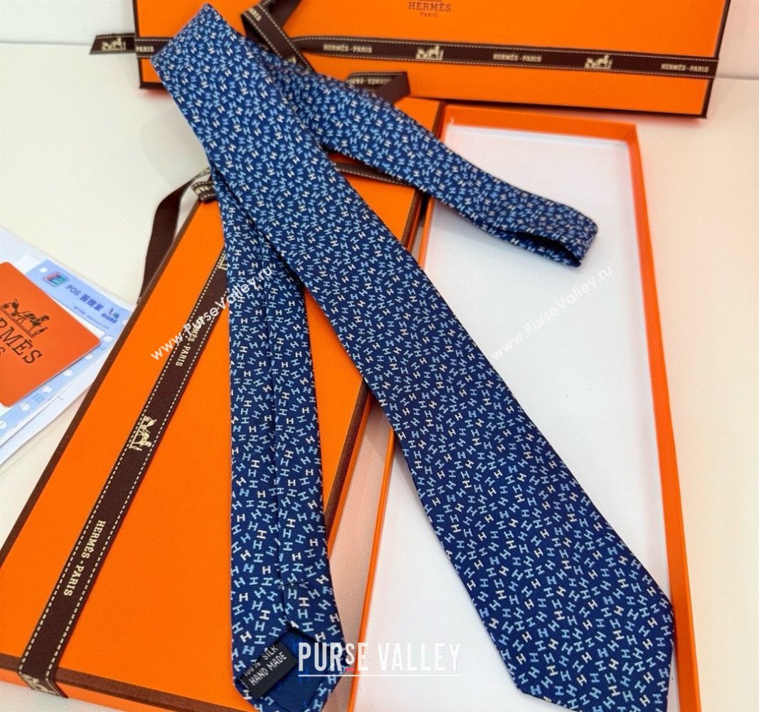Hermes 7 H au Maillon Silk Tie Navy Blue 2025 H051305 (XMN-250513019)
