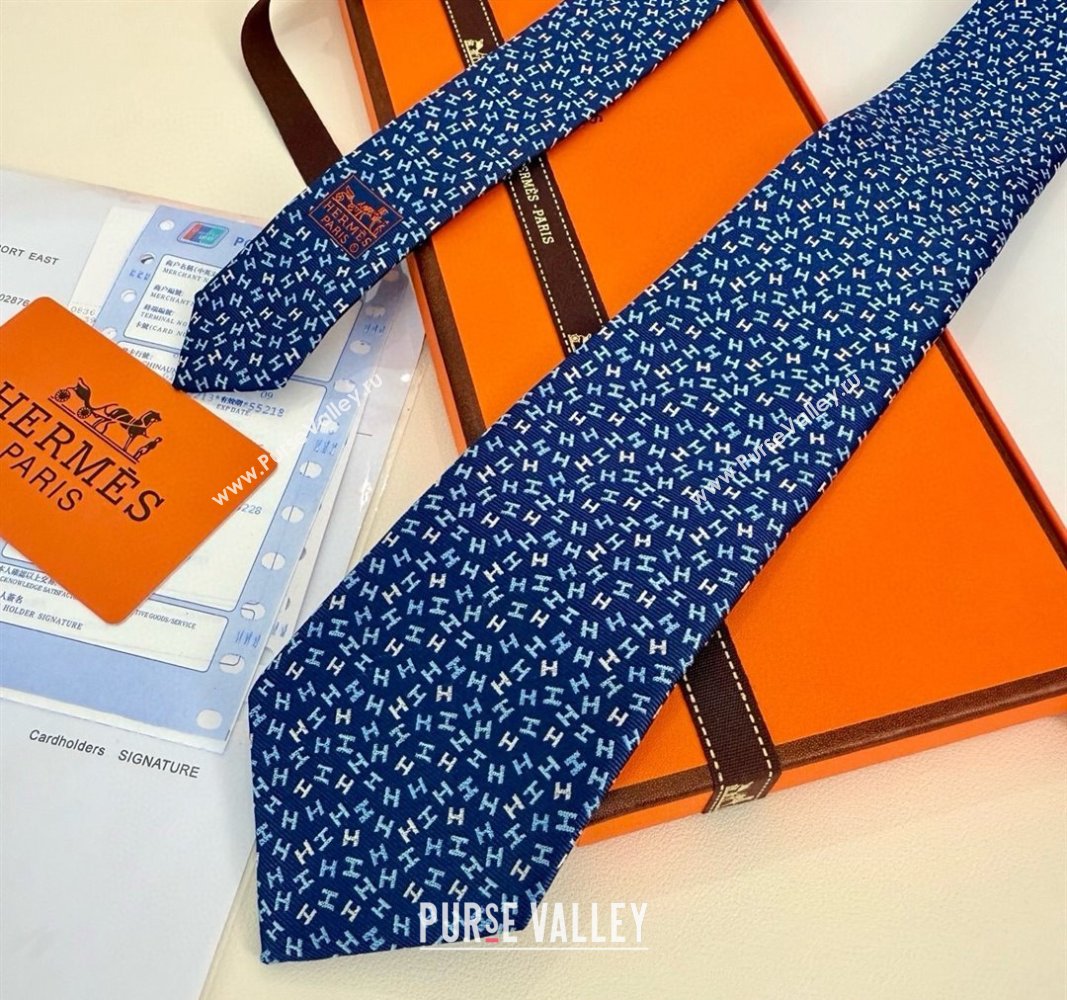 Hermes 7 H au Maillon Silk Tie Navy Blue 2025 H051305 (XMN-250513019)