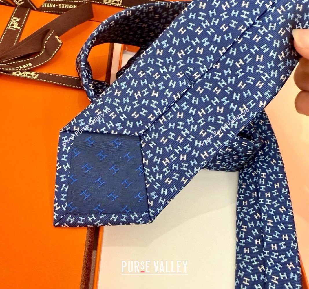 Hermes 7 H au Maillon Silk Tie Navy Blue 2025 H051305 (XMN-250513019)