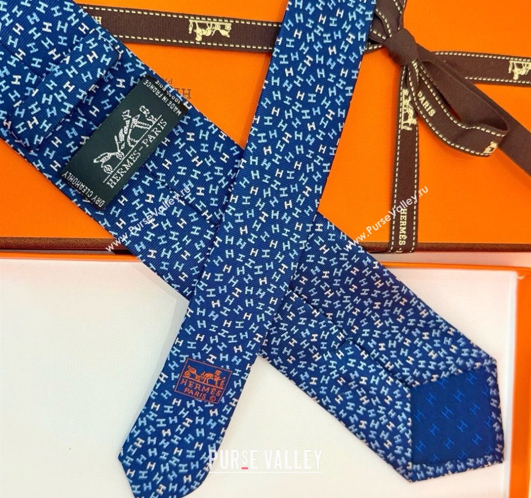 Hermes 7 H au Maillon Silk Tie Navy Blue 2025 H051305 (XMN-250513019)