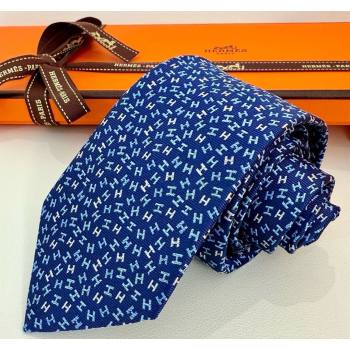 Hermes 7 H au Maillon Silk Tie Navy Blue 2025 H051305 (XMN-250513019)
