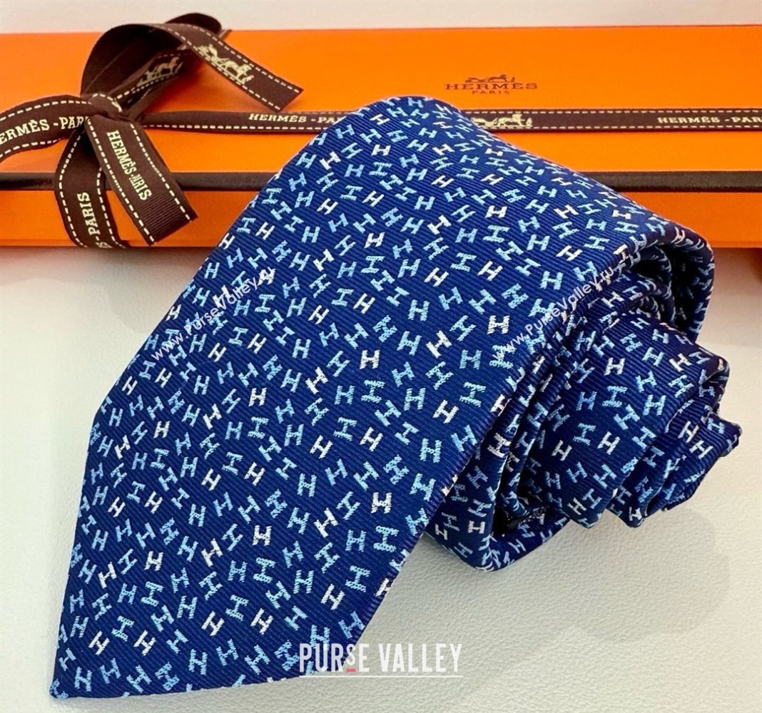 Hermes 7 H au Maillon Silk Tie Navy Blue 2025 H051305 (XMN-250513019)