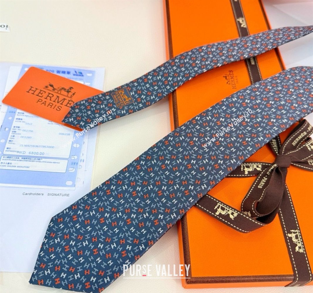 Hermes 7 H au Maillon Silk Tie Dark Grey 2025 H051305 (XMN-250513021)