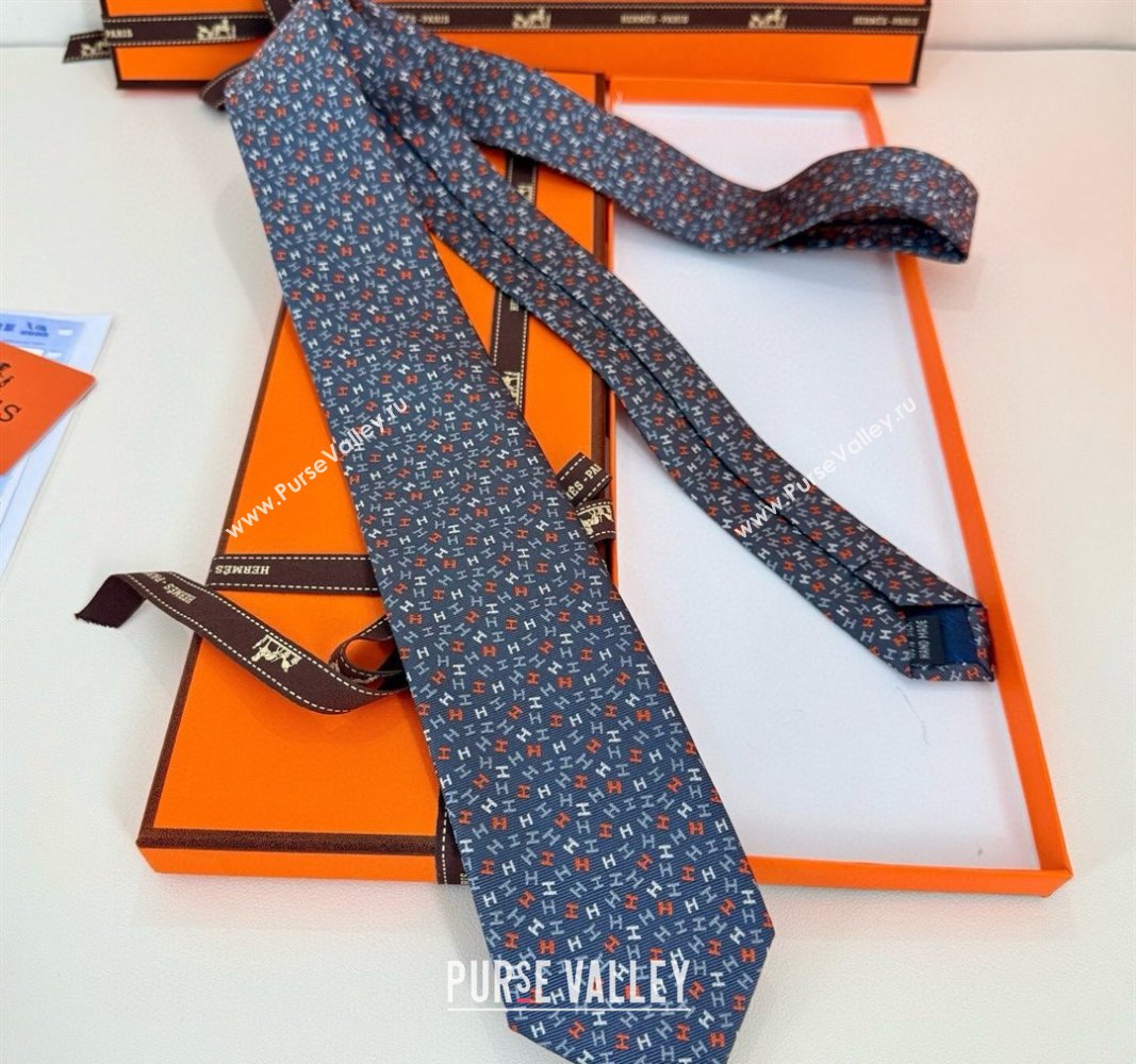 Hermes 7 H au Maillon Silk Tie Dark Grey 2025 H051305 (XMN-250513021)