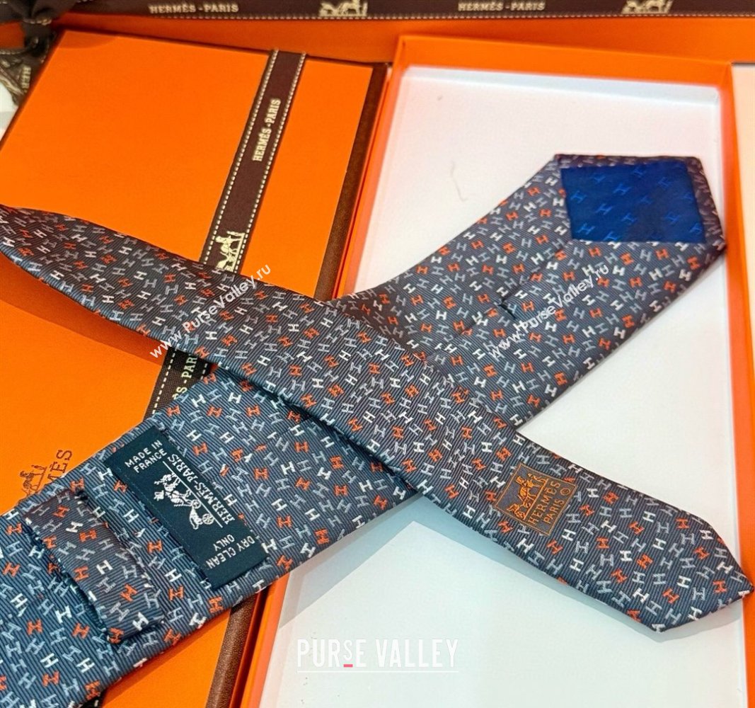 Hermes 7 H au Maillon Silk Tie Dark Grey 2025 H051305 (XMN-250513021)