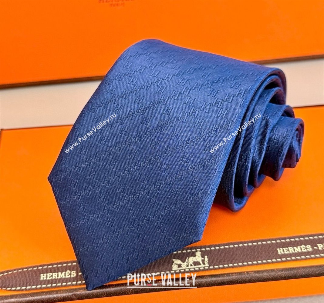 Hermes H Jacquard Silk Tie Navy Blue 2025 H051302 (XMN-250513007)