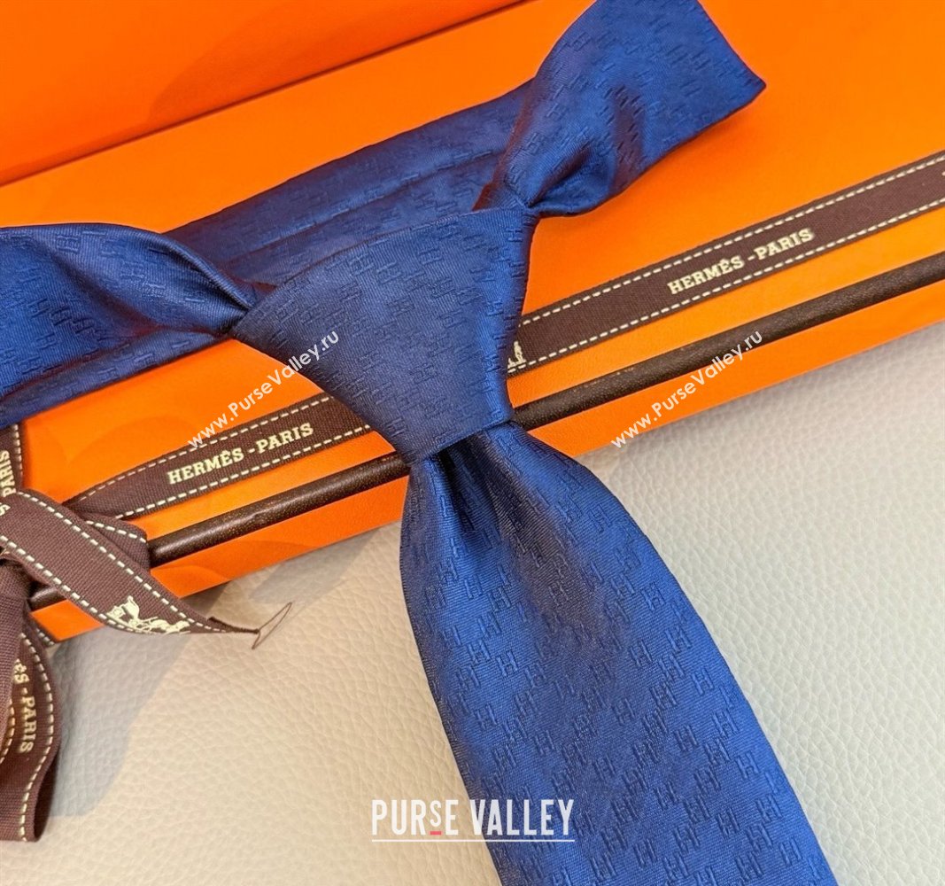 Hermes H Jacquard Silk Tie Navy Blue 2025 H051302 (XMN-250513007)