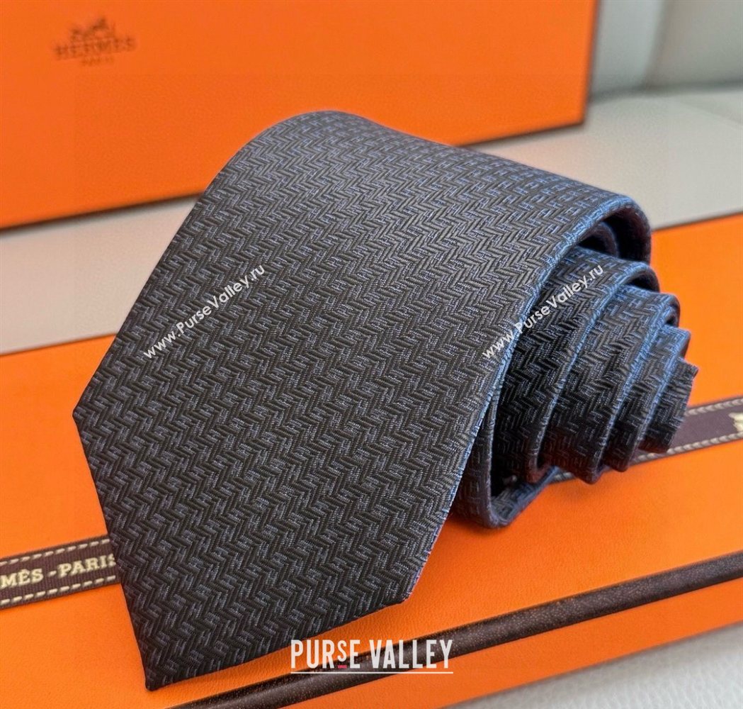 Hermes H Jacquard Silk Tie Blue/Black 2025 0724 (XMN-250724114)