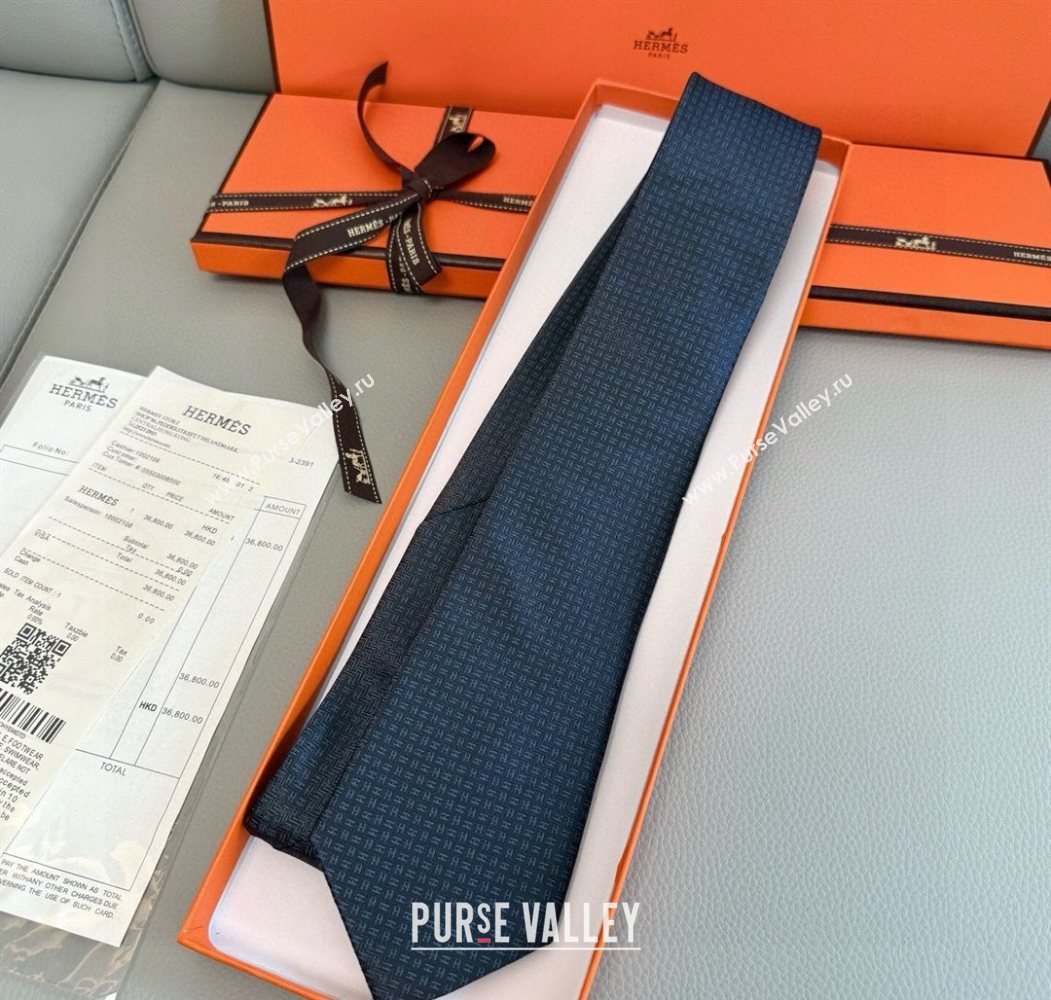 Hermes H Jacquard Silk Tie Blue/Black 2025 0724 (XMN-250724114)