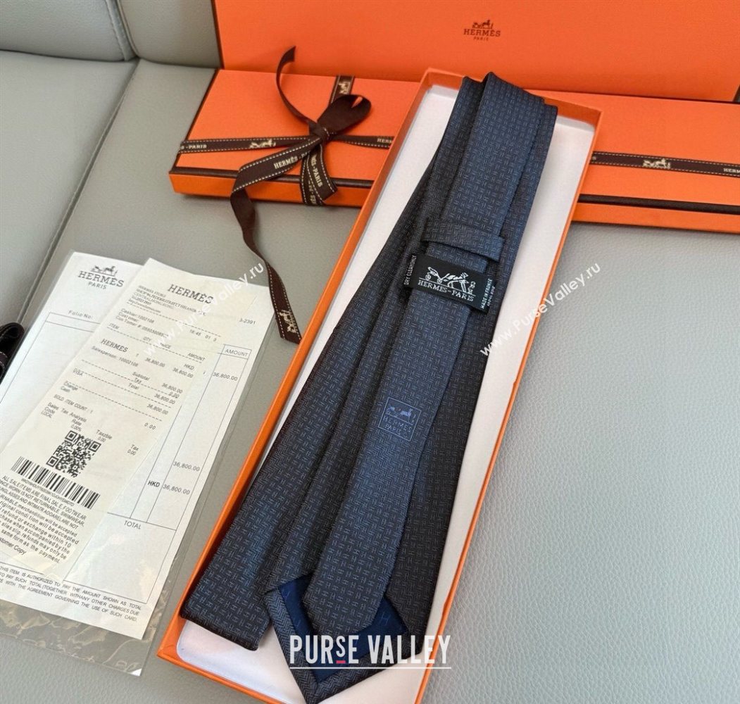 Hermes H Jacquard Silk Tie Blue/Black 2025 0724 (XMN-250724114)