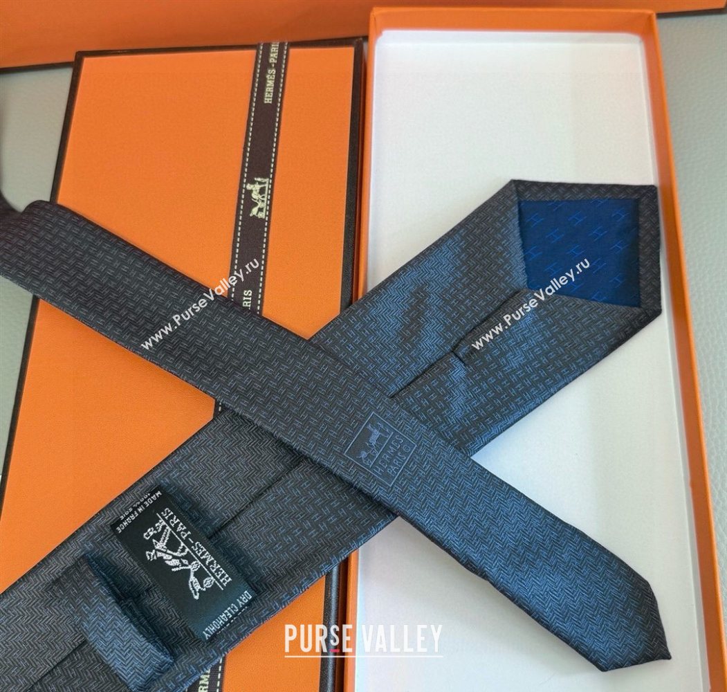 Hermes H Jacquard Silk Tie Blue/Black 2025 0724 (XMN-250724114)