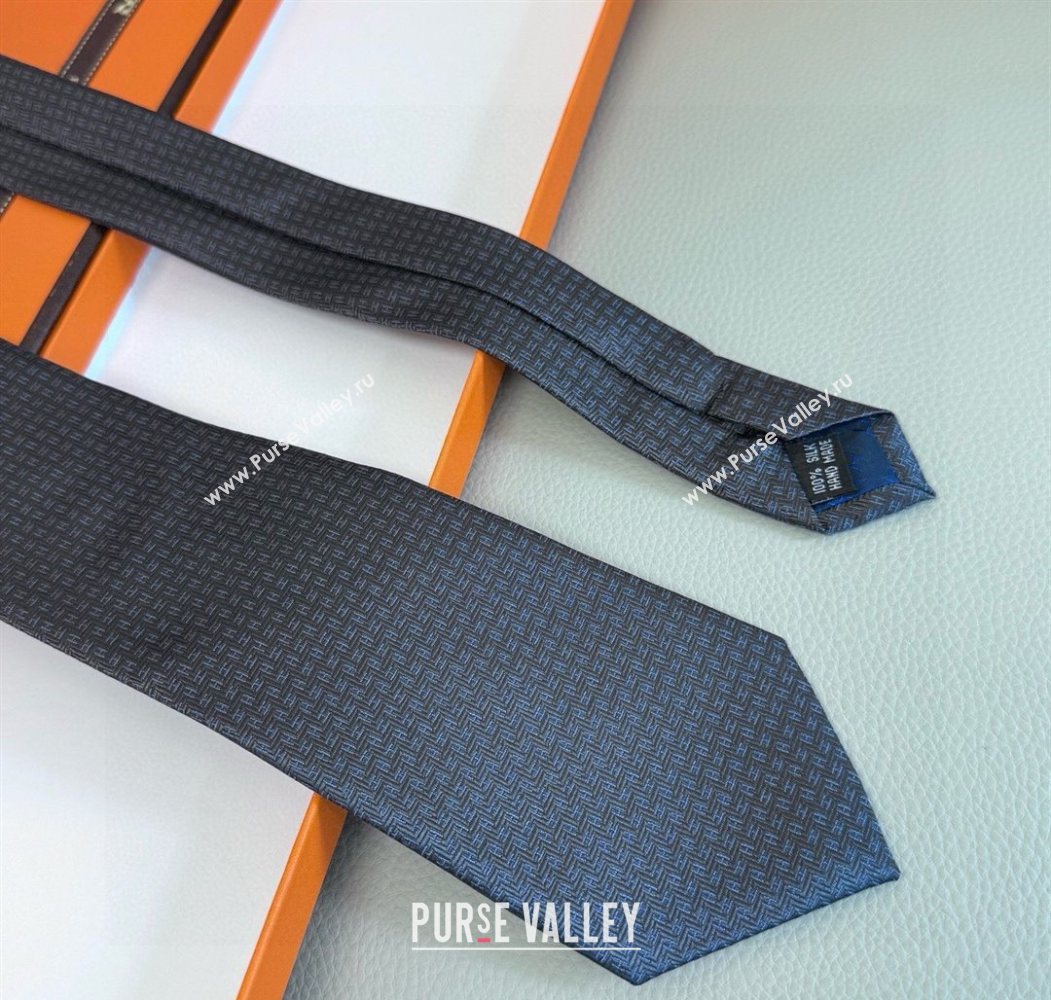 Hermes H Jacquard Silk Tie Blue/Black 2025 0724 (XMN-250724114)
