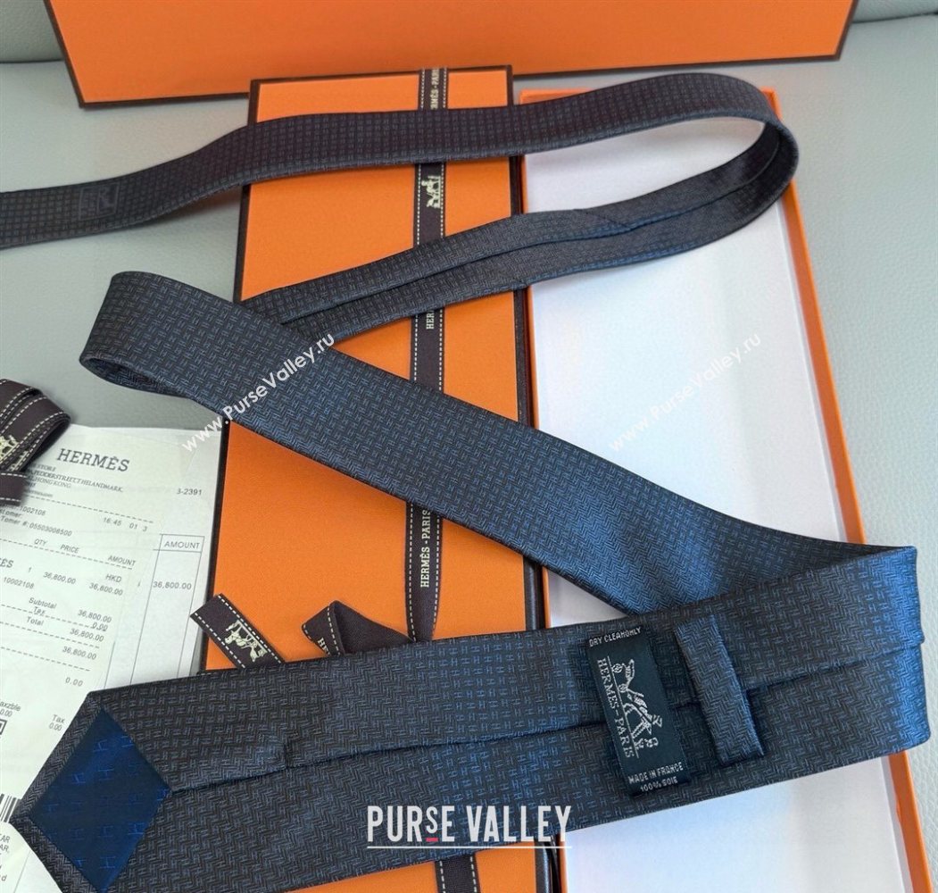 Hermes H Jacquard Silk Tie Blue/Black 2025 0724 (XMN-250724114)