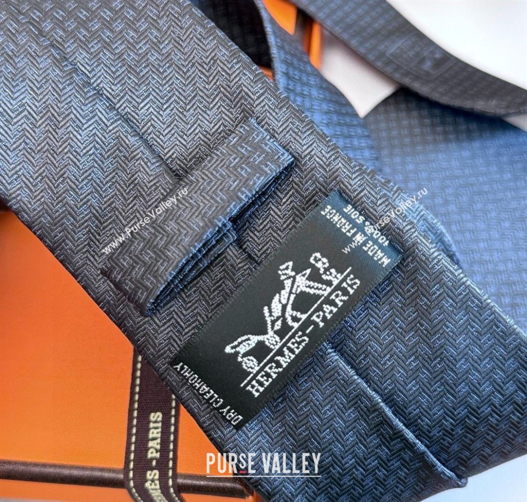 Hermes H Jacquard Silk Tie Blue/Black 2025 0724 (XMN-250724114)