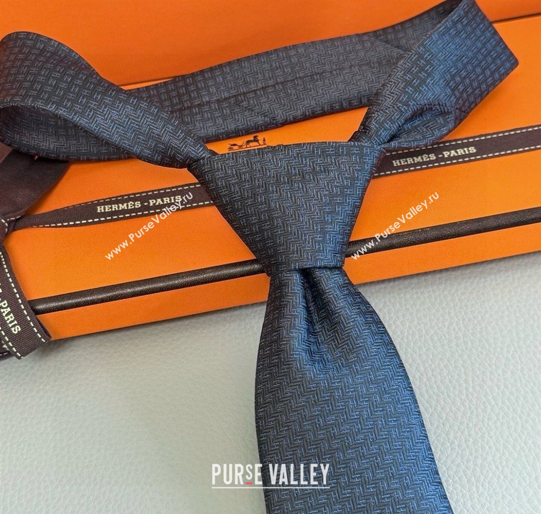 Hermes H Jacquard Silk Tie Blue/Black 2025 0724 (XMN-250724114)