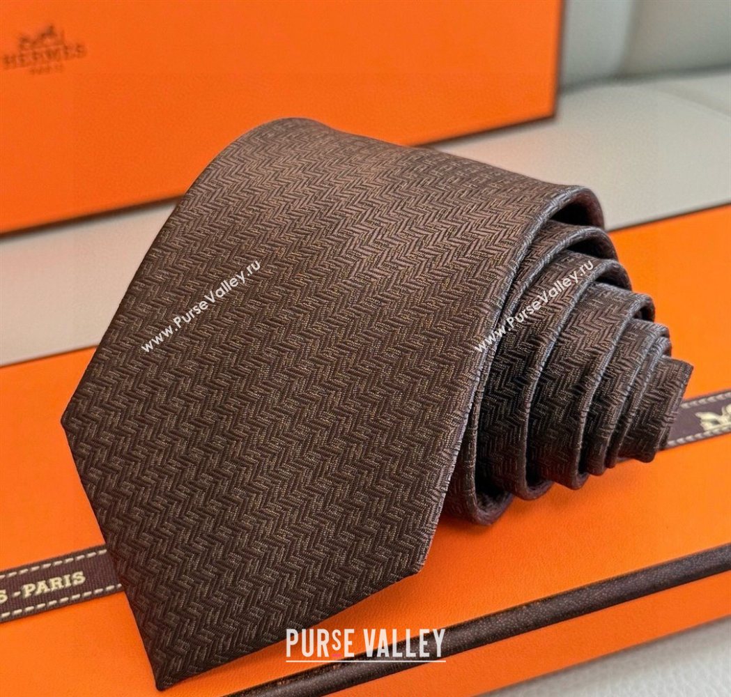 Hermes H Jacquard Silk Tie Brown 2025 0724 (XMN-250724115)