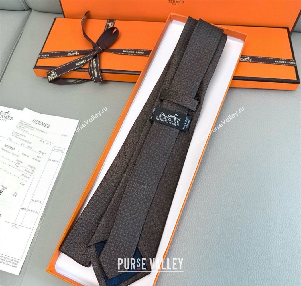 Hermes H Jacquard Silk Tie Brown 2025 0724 (XMN-250724115)
