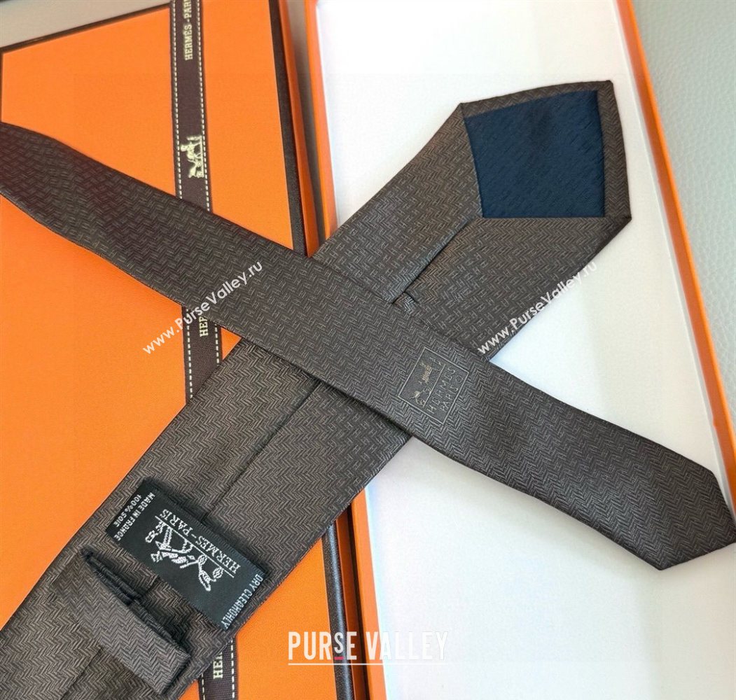 Hermes H Jacquard Silk Tie Brown 2025 0724 (XMN-250724115)