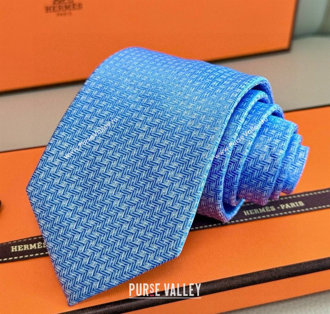 Hermes H Jacquard Silk Tie Light Blue 2025 0724 (XMN-250724116)
