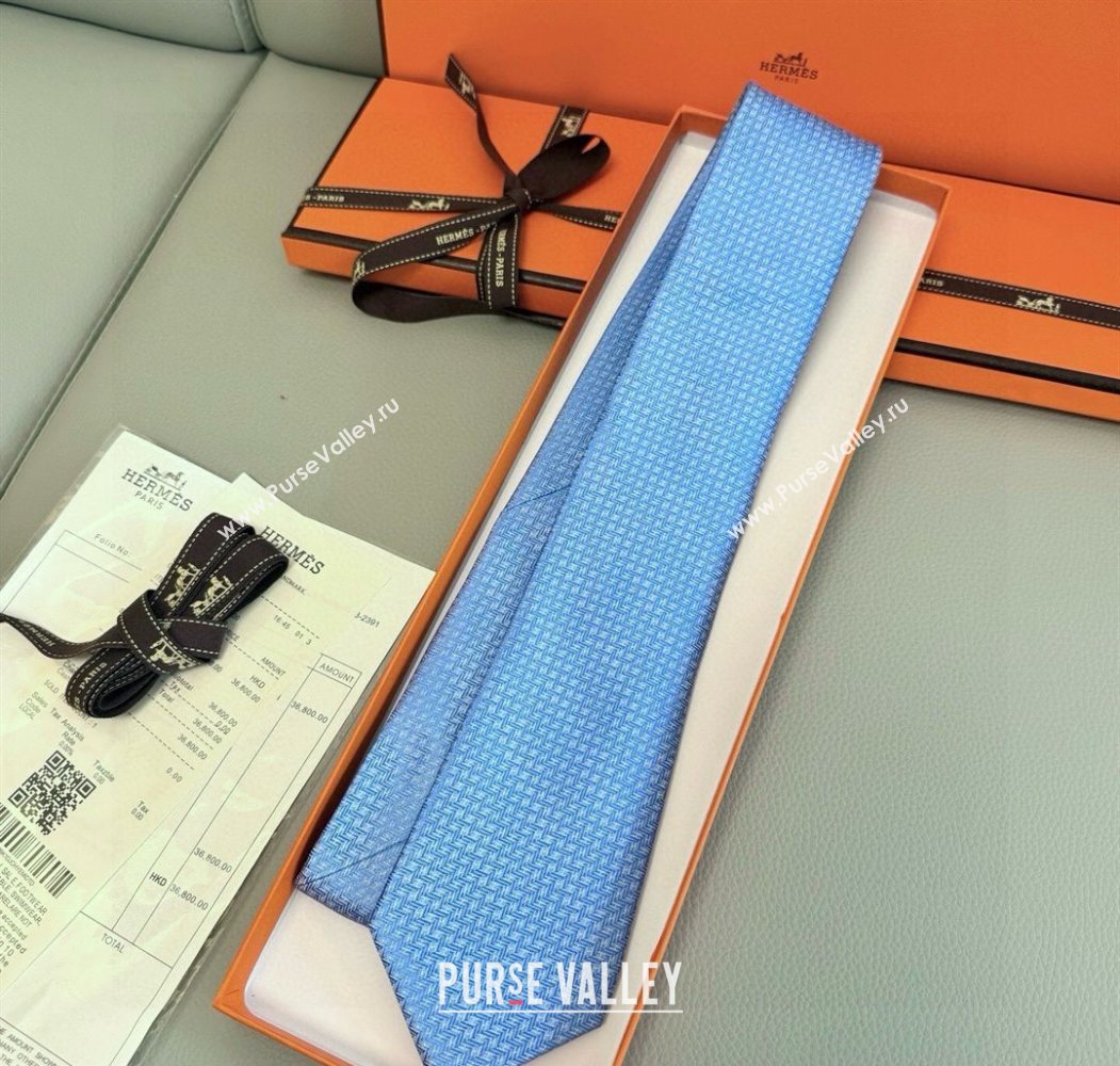 Hermes H Jacquard Silk Tie Light Blue 2025 0724 (XMN-250724116)