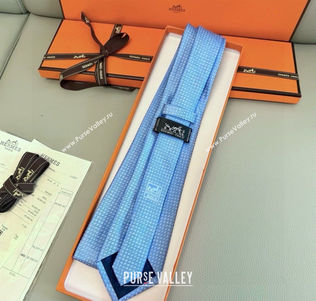 Hermes H Jacquard Silk Tie Light Blue 2025 0724 (XMN-250724116)