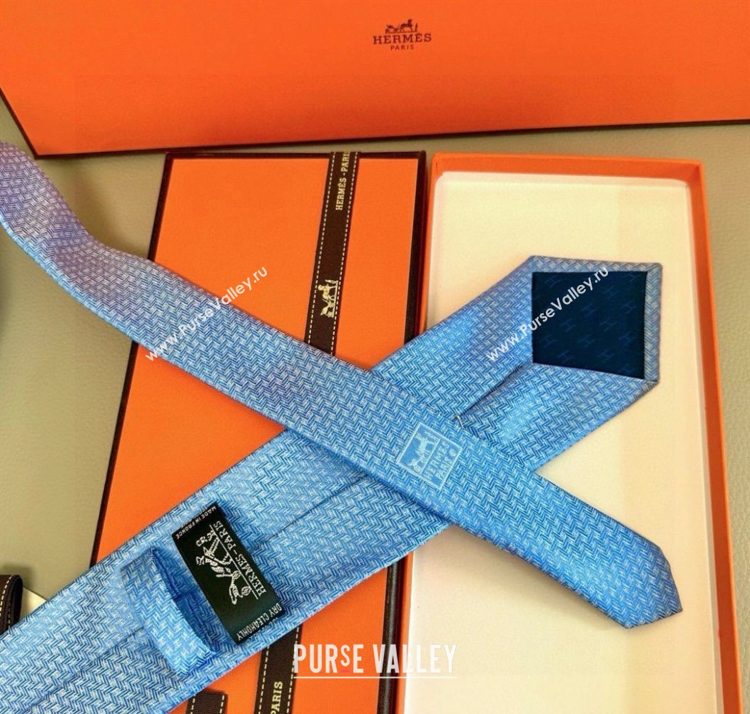 Hermes H Jacquard Silk Tie Light Blue 2025 0724 (XMN-250724116)