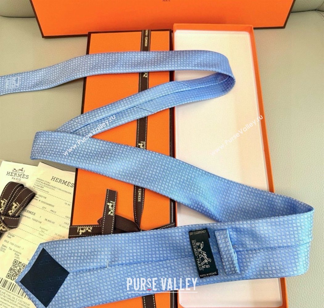 Hermes H Jacquard Silk Tie Light Blue 2025 0724 (XMN-250724116)
