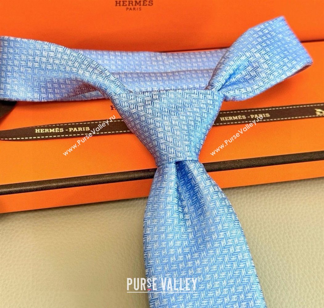 Hermes H Jacquard Silk Tie Light Blue 2025 0724 (XMN-250724116)