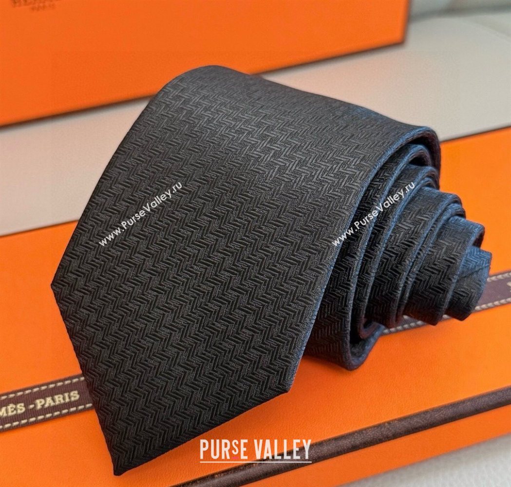 Hermes H Jacquard Silk Tie Black2 2025 0724 (XMN-250724118)